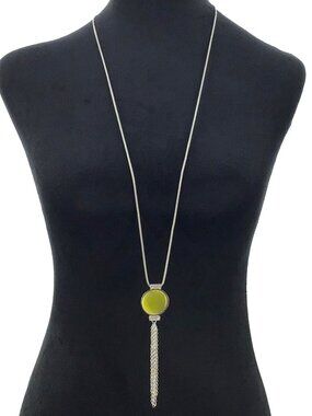 Long Necklace Green Pendant Silver Tone Tassel Crystal Accent Adjustable Length